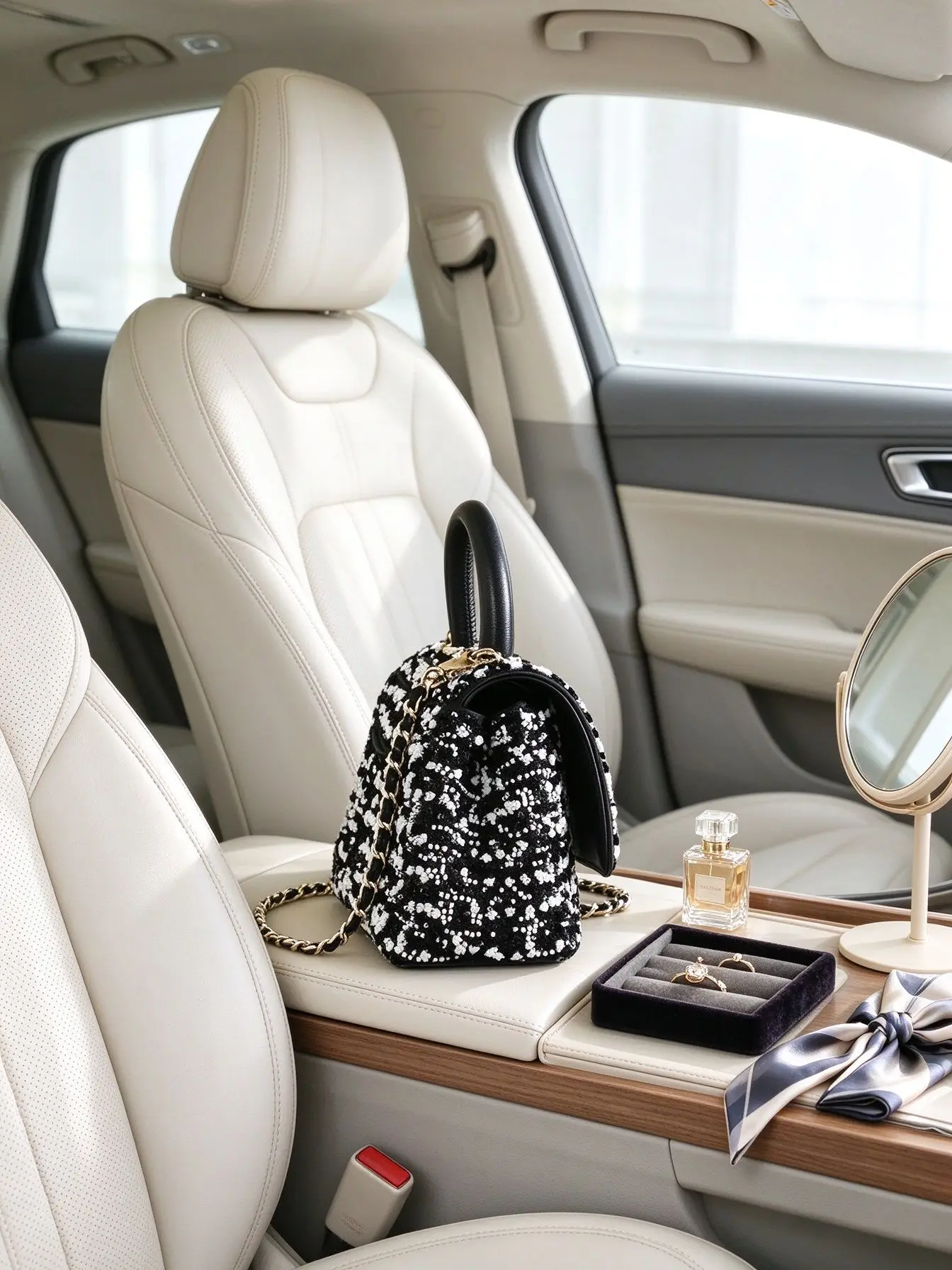 Elegant Black White Beaded Tweed Crossbody Bag For Women Round Top Handle Flap Chain Handbag