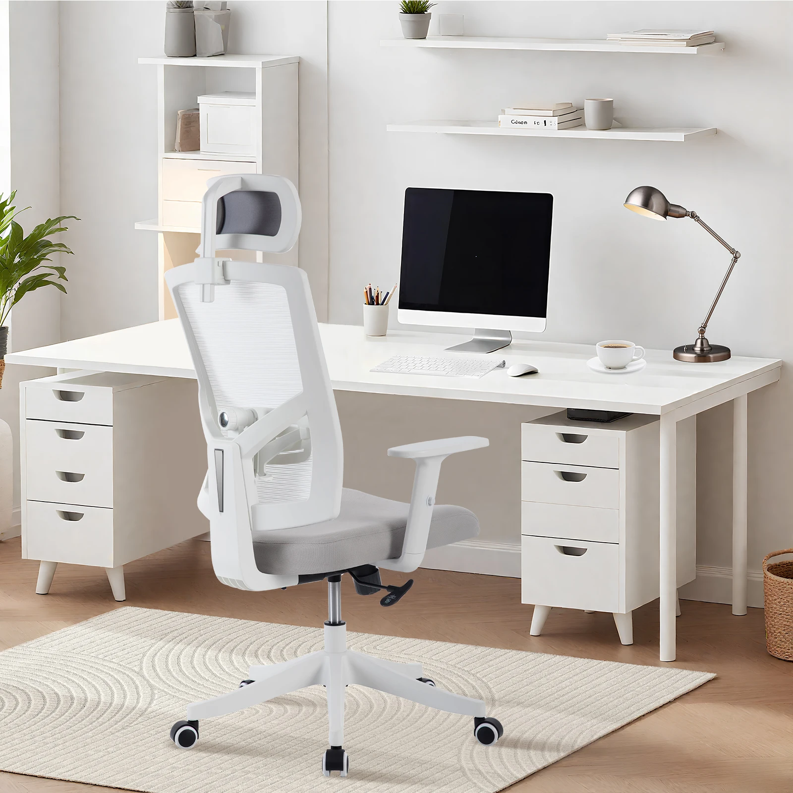 Sedia ergonomica da ufficio con schienale in rete, schienale alto, supporto lombare regolabile in due posizioni e poggiatesta, braccioli imbottiti ribaltabili, sedia girevole con ruote, ideale per