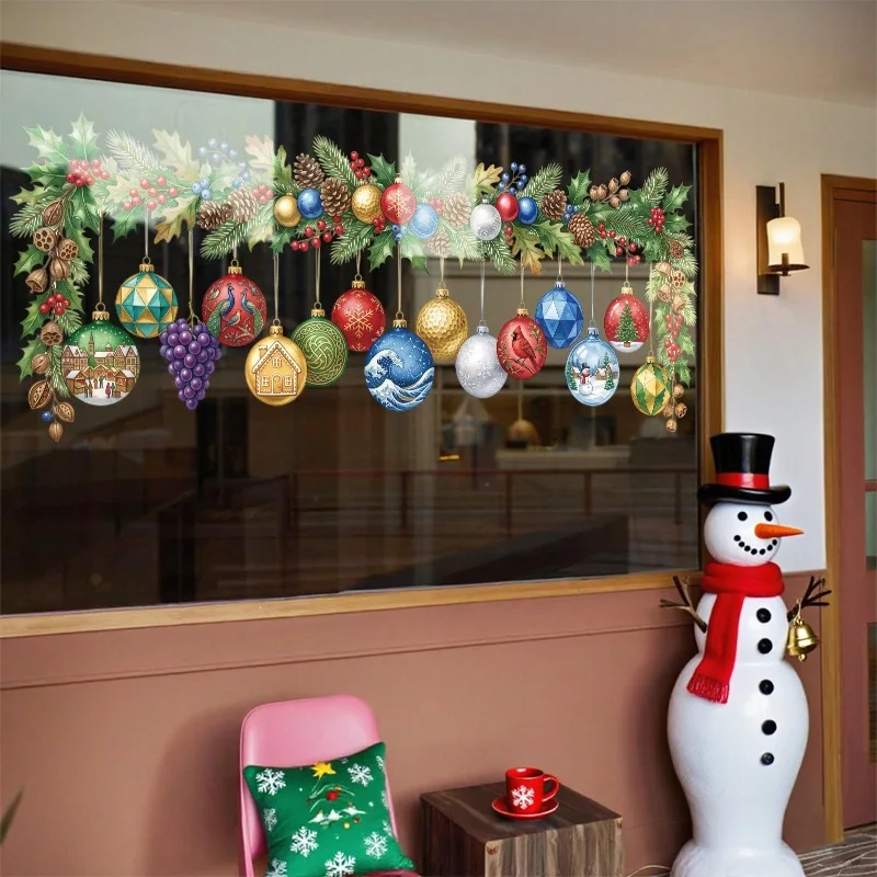 Christmas Garland Ornament Window Cling Static Window Sticker Holly Pinecone Glass Decal Removable Holiday Decoration