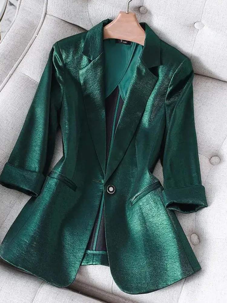 

High Quality Satin Office Lady Loose Blazer Jacket Women 2022 Autumn Three Quarter Sleeves Solid Casual Blazers Female Suit Coat