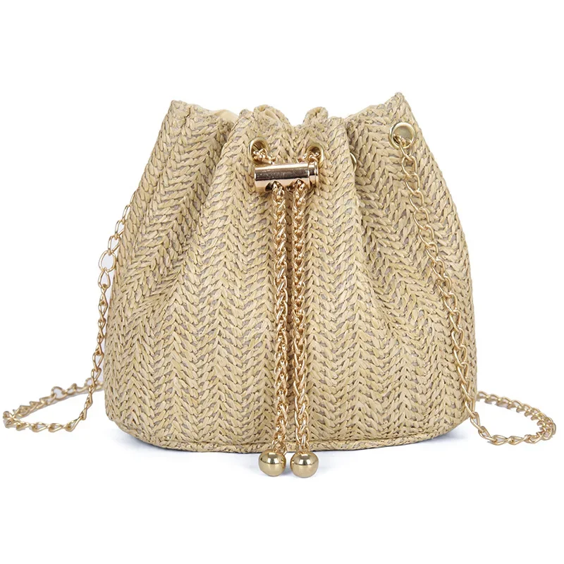 Straw Woven Bag New Small Bucket Bag Women's Metal Chain Fashion Beach Handbags Casual Shoulder Crossbody Bags 2023 Beige Purse