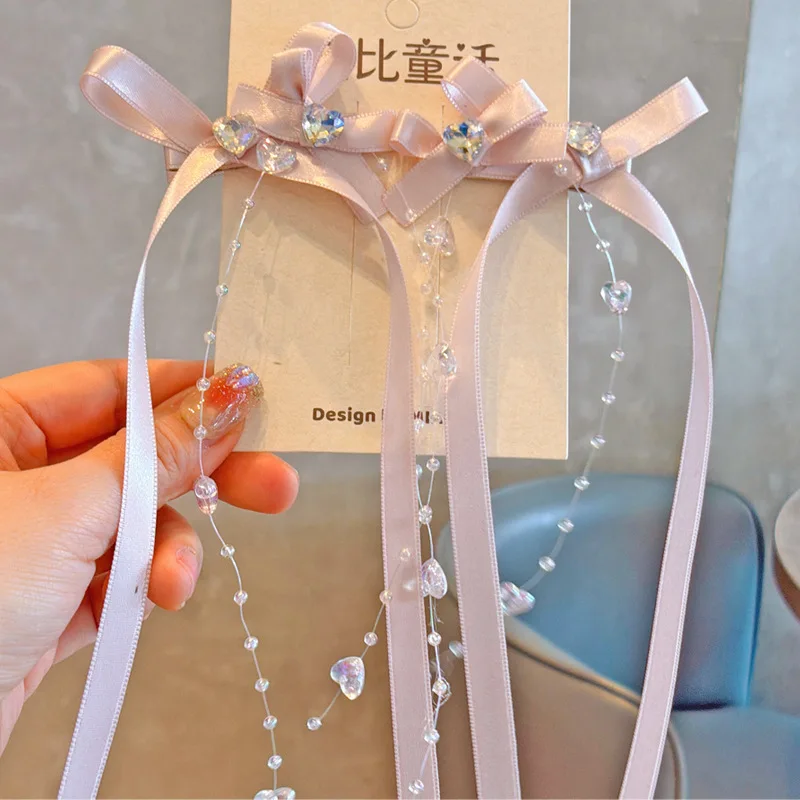 

Champagne Pink Heart Rhinestone Bow Hair Ties Clips Set Sweet Ballet Style Cute Girls Ponytail Holder Barrettes Daily Wear