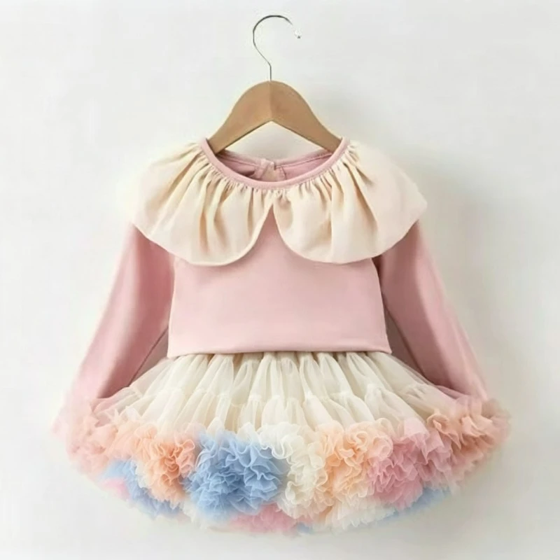 New Children Girls Ruffle collar Long-sleeved T-shirt + Tutu Skirt Summer Ruffled Fluffy Tulle Skirt 2Pcs Clothing Sets W-S1038
