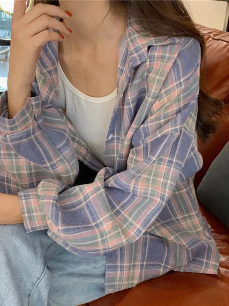 Camicia a quadri da donna Camicia ampia a maniche lunghe con colletto abbottonato Camicetta monopetto Top Camicie a quadri pastello preppy da donna