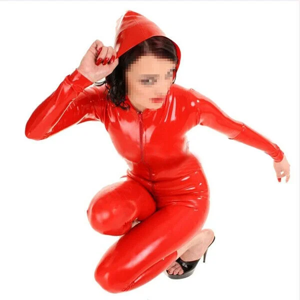 100% Latex Rubber Red Hooded Jumpsuit Tight Suit polishing Outfit 0.45mm XS-XXL