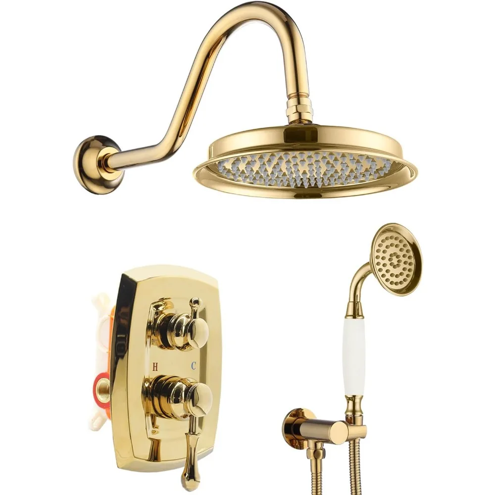 

Vintage Shower System with Rain Head and Handheld Spray, Wall-Mounted Brass Fixtures