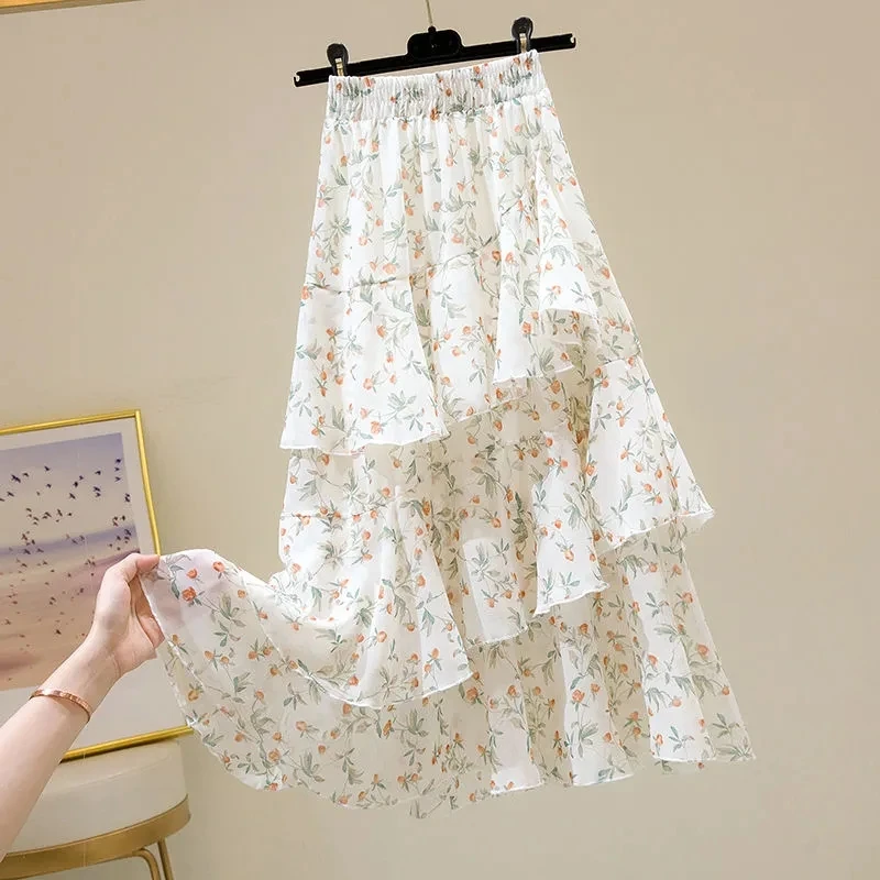 Summer 2024 Floral Print Asymmetrical Hem A-Line  Skirt Women's Fairy T Cake Skirt High Waist Polyester Fiber Commute ...