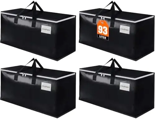 

Extra Large Moving Boxes with Zipper - 4 Pack Storage Totes for Moving, Travel, Camping - 93L Space-Saving Bags