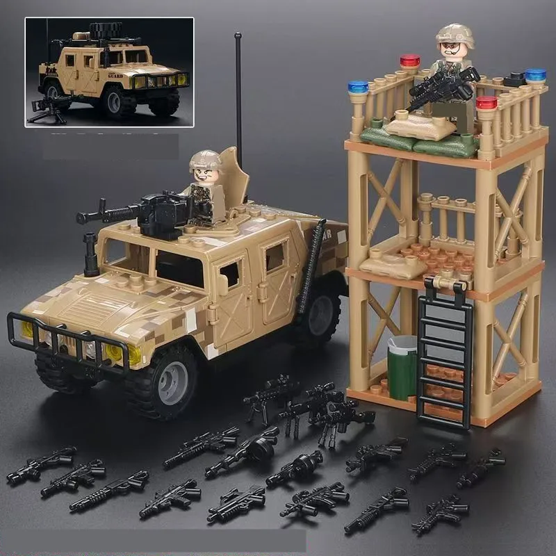 Torre de relógio militar e carro montar blocos de construção conjunto base de combate terrestre diy blocos brinquedos para crianças