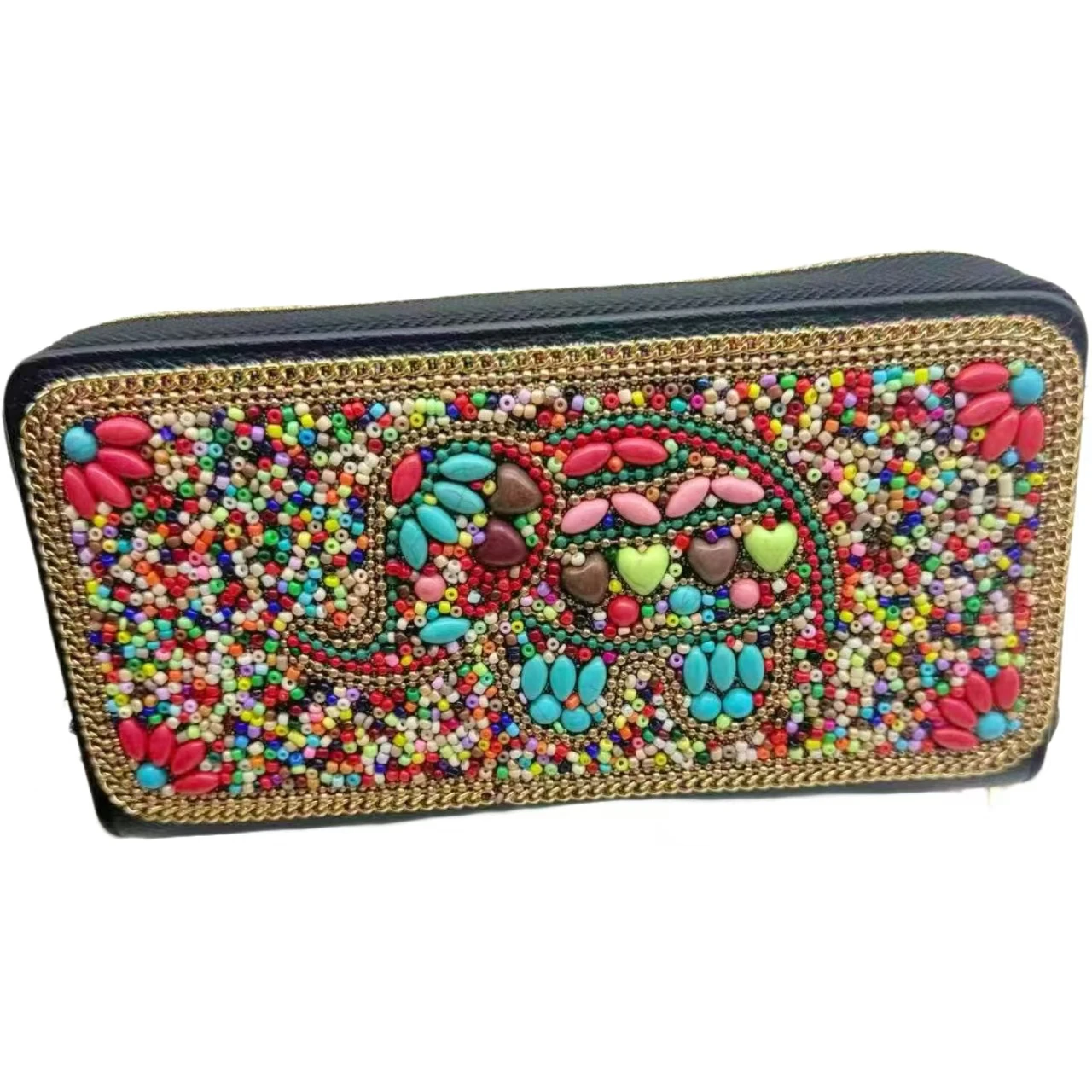 Handmade Beaded Elephant Wallet Multi-Colored Elephant Pattern Women's Long Wallet In Black Leather