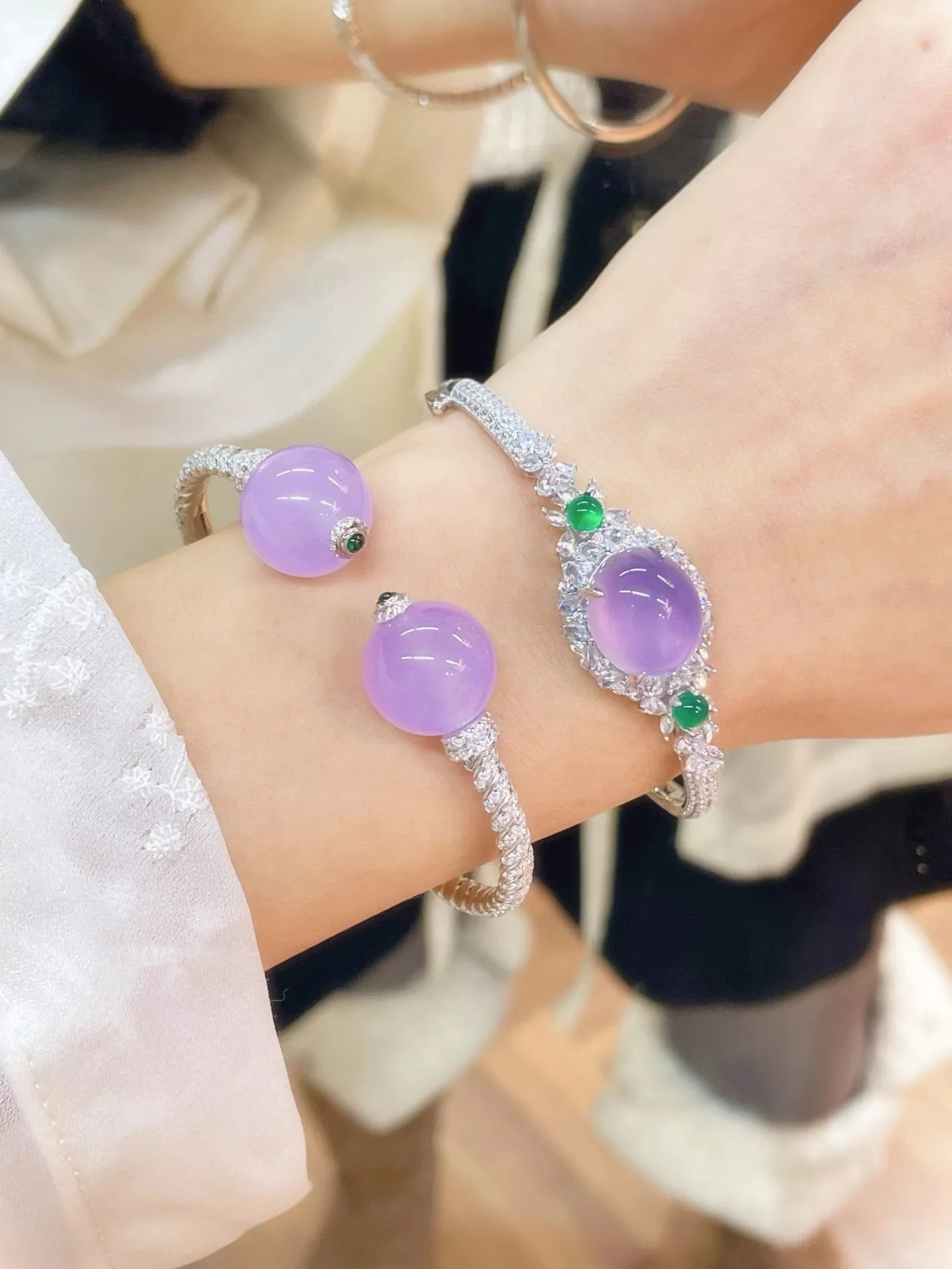 ZOCA Purple  Agate Gemstone Sterling Silver Bracelets For Women Luxury Two Round Stones Open Bracelet Chain Fine Jewelry