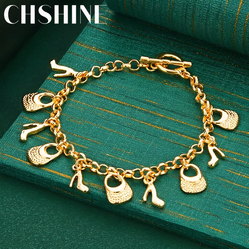 925 Sterling Silber 18K Gold Taschen-Schuh-Anhänger Armband für Damen Hochzeit Party Mode Klassischer Schmuck