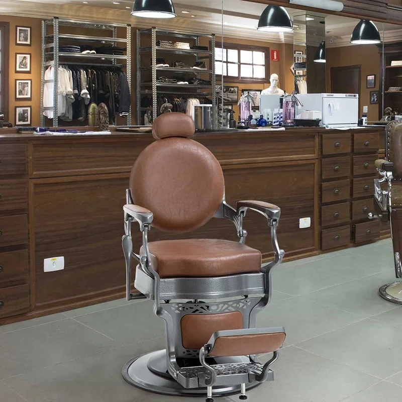 

Коричневое винтажное парикмахерское кресло для мужчин, высококачественное кресло для парикмахерского салона с откидной спинкой, новое парикмахерское кресло с поворотом на 360°