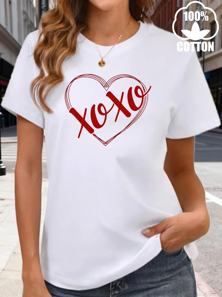 เสื้อยืดผู้หญิงลายกราฟิก Xoxo และรูปหัวใจ ผ้าฝ้าย 100% คอกลม สไตล์ Y2K ตลกๆ เสื้อยืดลำลองใส่สบายๆ สำหรับฤดูร้อนและใส่ได้ทุกวัน