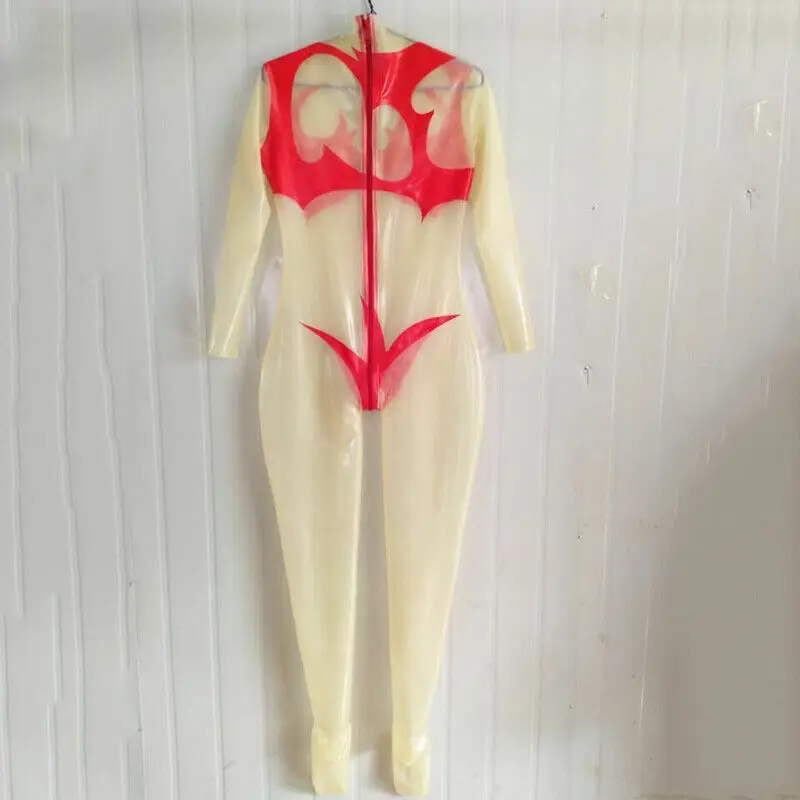 라텍스 투명 스타킹 Catsuit 지퍼 고무 레드 클럽 긴 소매 바디 슈트