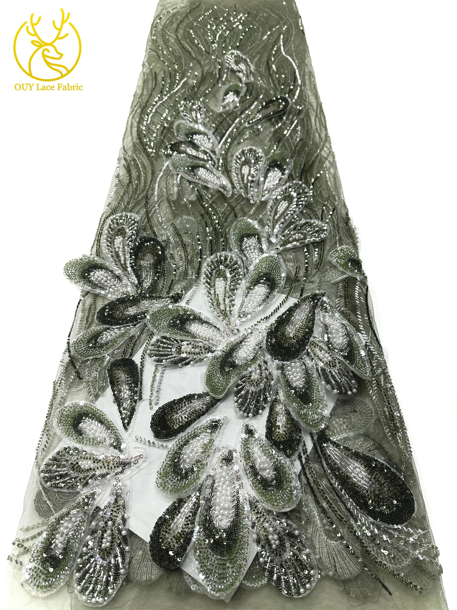 3D Luxus Afrikanischer bestickter Perlen-Mesh-Spitzenstoff, 5 Yards, französischer Tüll-Pailletten-Spitzenstoff für nigerianische Hochzeitskleider zum Nähen – Detail 14