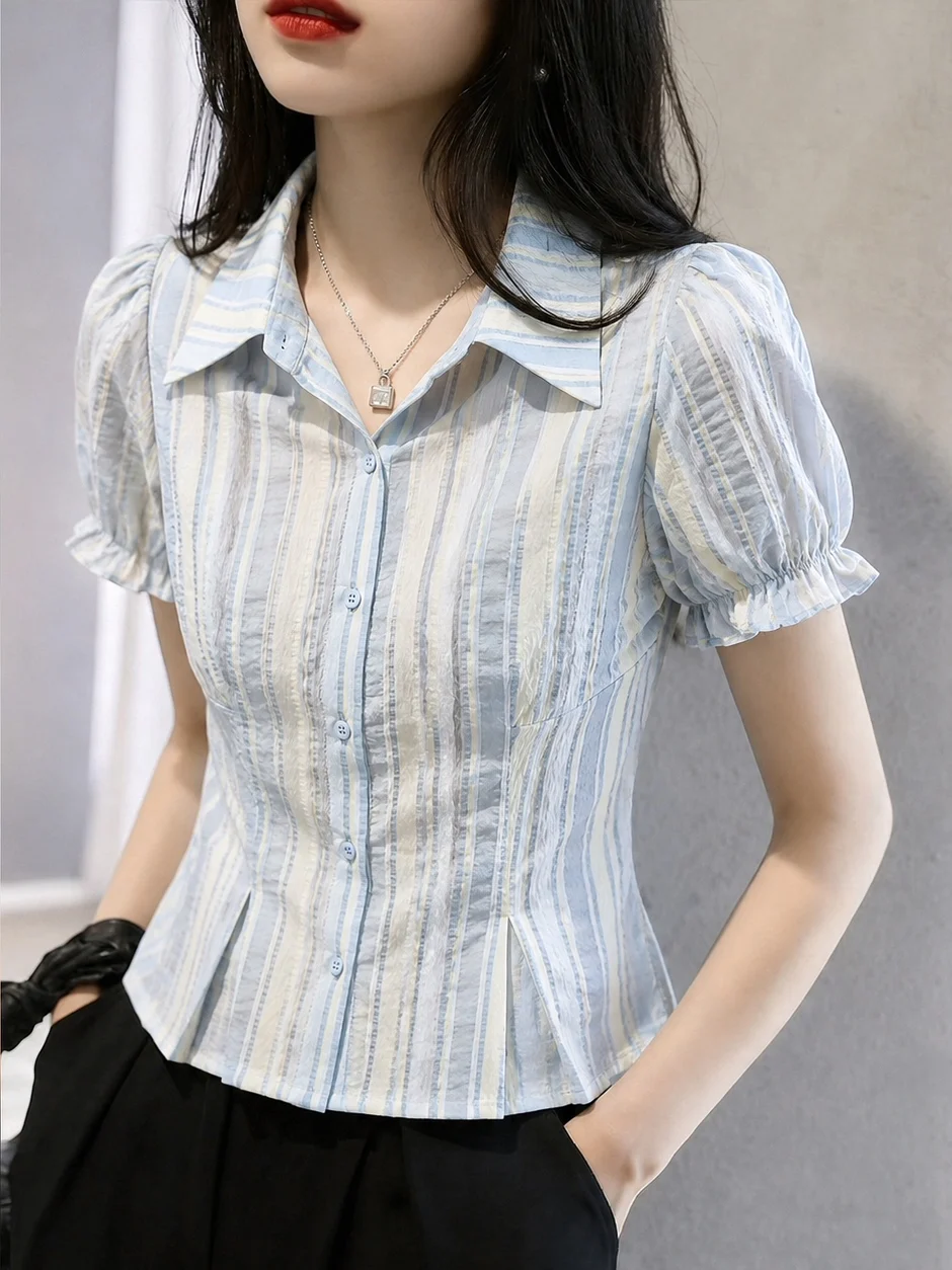 

Slim Fit Striped Short Sleeve Shirt Commute Style Color Block Design Korean Version Button up Top for Women Summer 2026