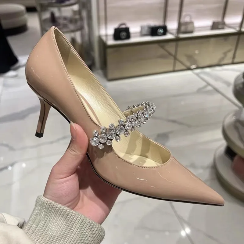 

2025 New Diamond Chain High Heels Mary Jane Women's Single Shoes with Thin Heels and Pointed Shallow Mouth Women's Wedding Shoes