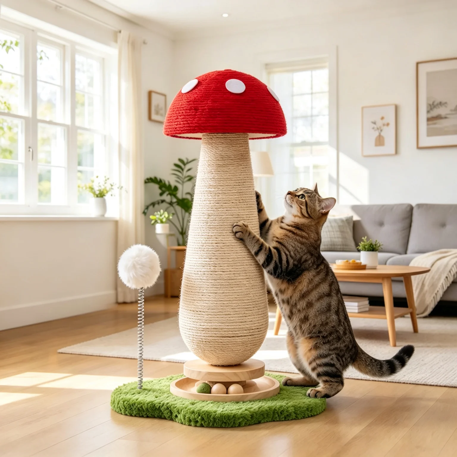 21'' Mushroom Cat Scratching Post with Sisal Rope & Interactive Turntable Ball, Compact Vertical Cat Tree for Small Spaces, Multi-Cat Homes, Apartment-Friendly Claw Protector