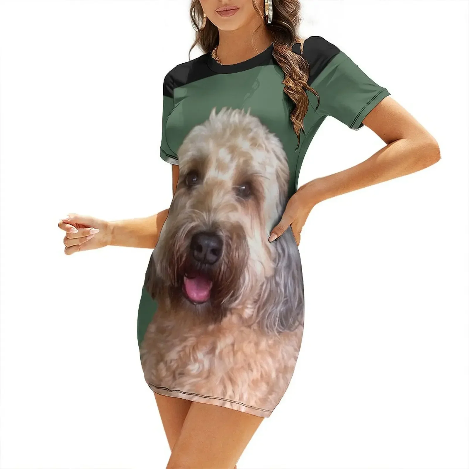Vestido de manga corta con estampado de Wheaton Terrier y fondo verde, vestido de verano coreano para mujer, vestidos para fiesta de boda, vestidos para mujer