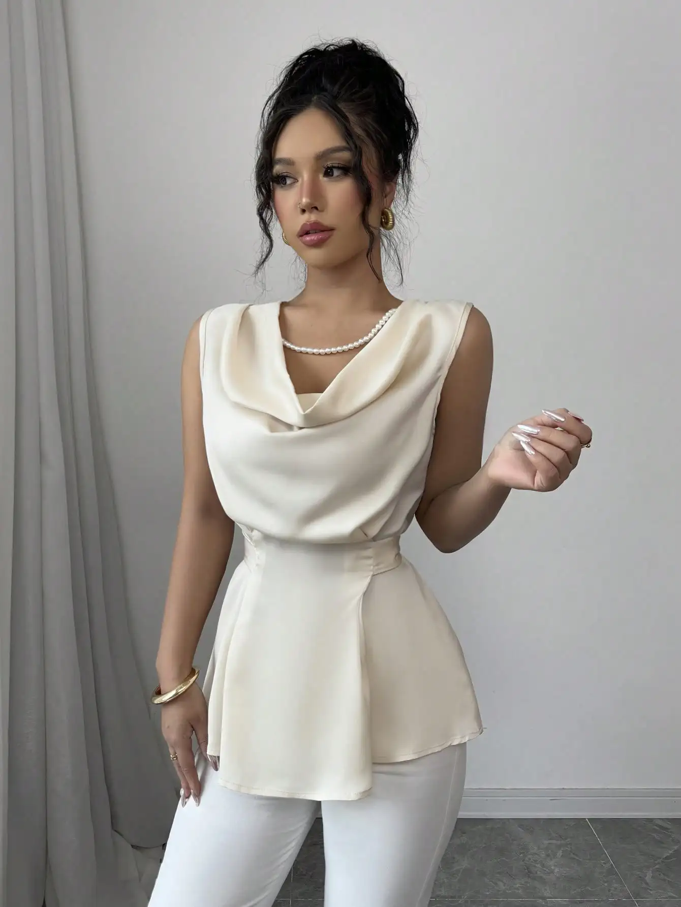 

Поп-темпераментная рубашка без рукавов, женская летняя рубашка с отложным воротником и поясом