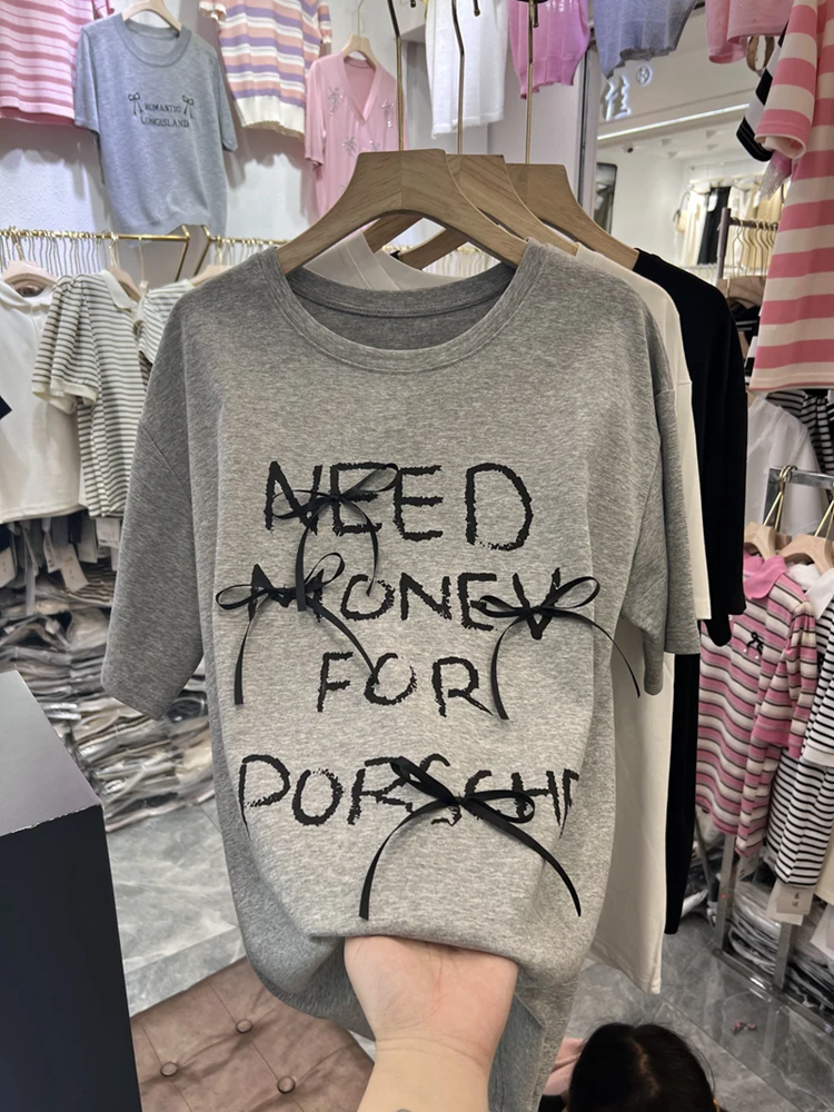 

plus Size 300 Pou European Sle Knot Letter Print ort Sve Women's T-irt Summer Loose Cotton Top