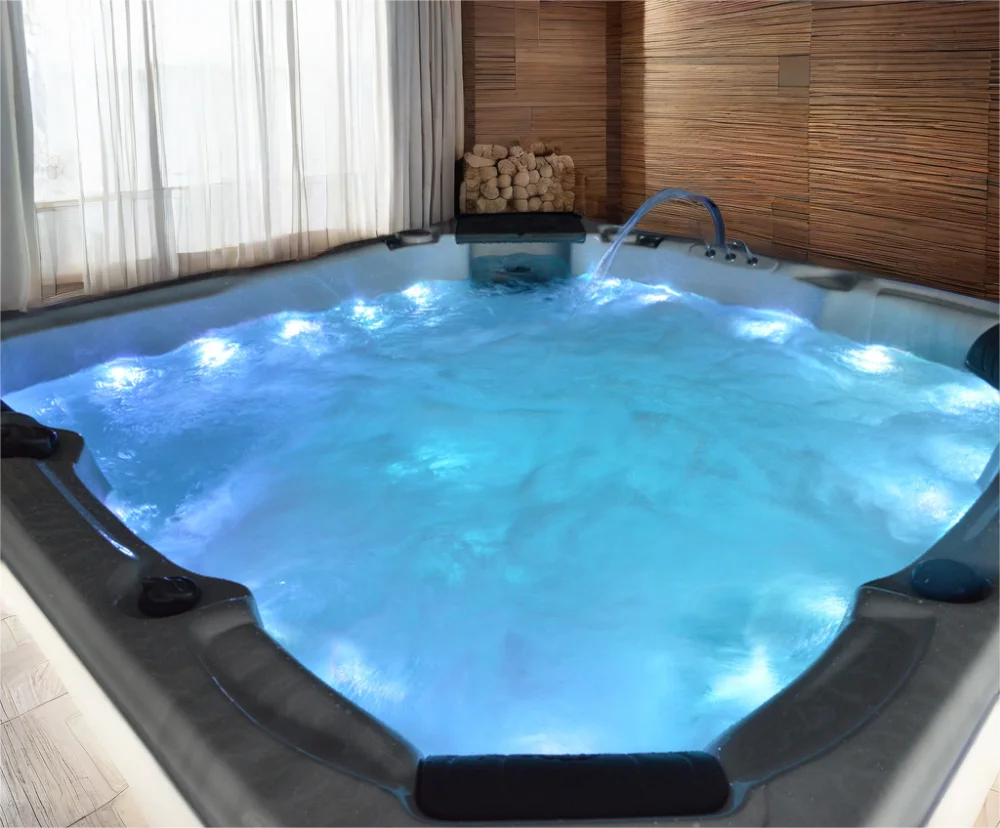 Modern 6-Person Outdoor Spa Hot Tub Acrylic Freestanding Jacuzzier Massage Function Rectangular Design Drain Drainer Family Use