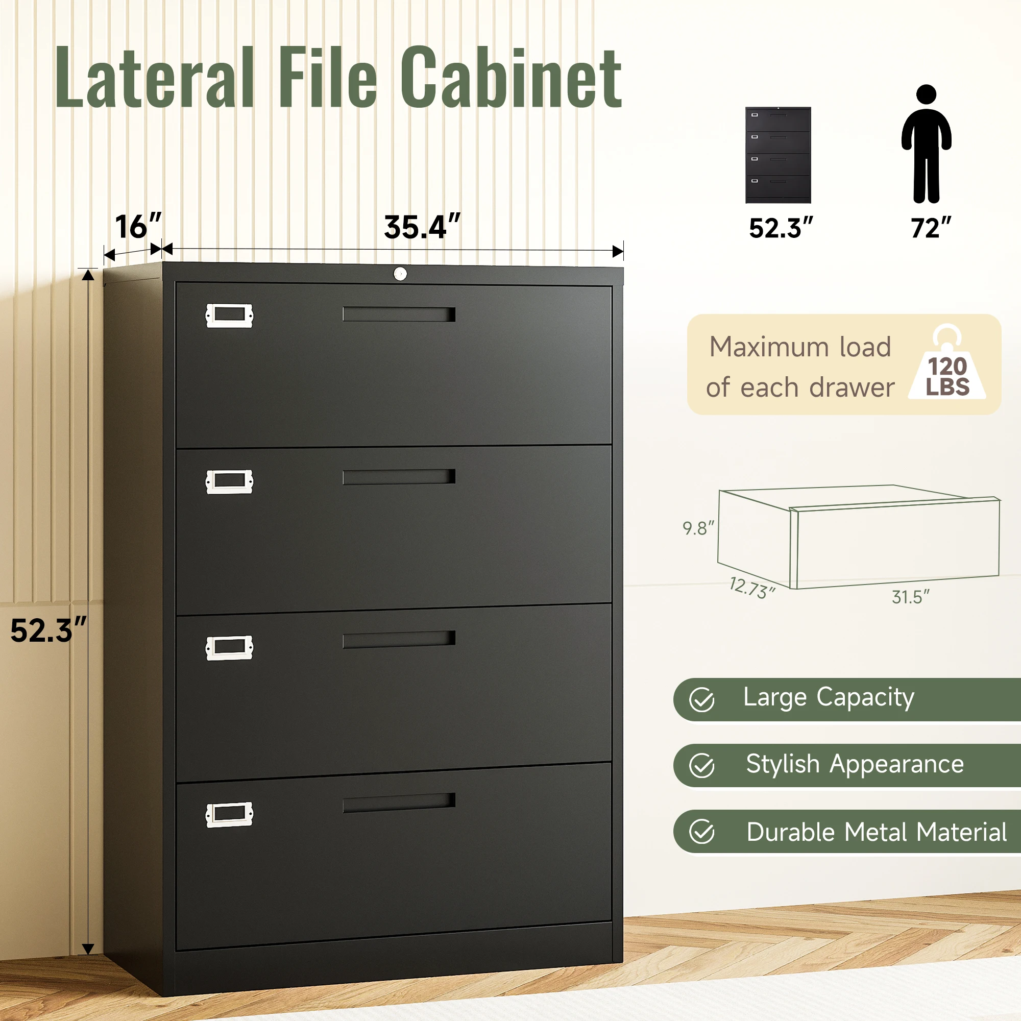 Mlezan 4 Drawer Metal Lateral File Cabinet with Lock, 52