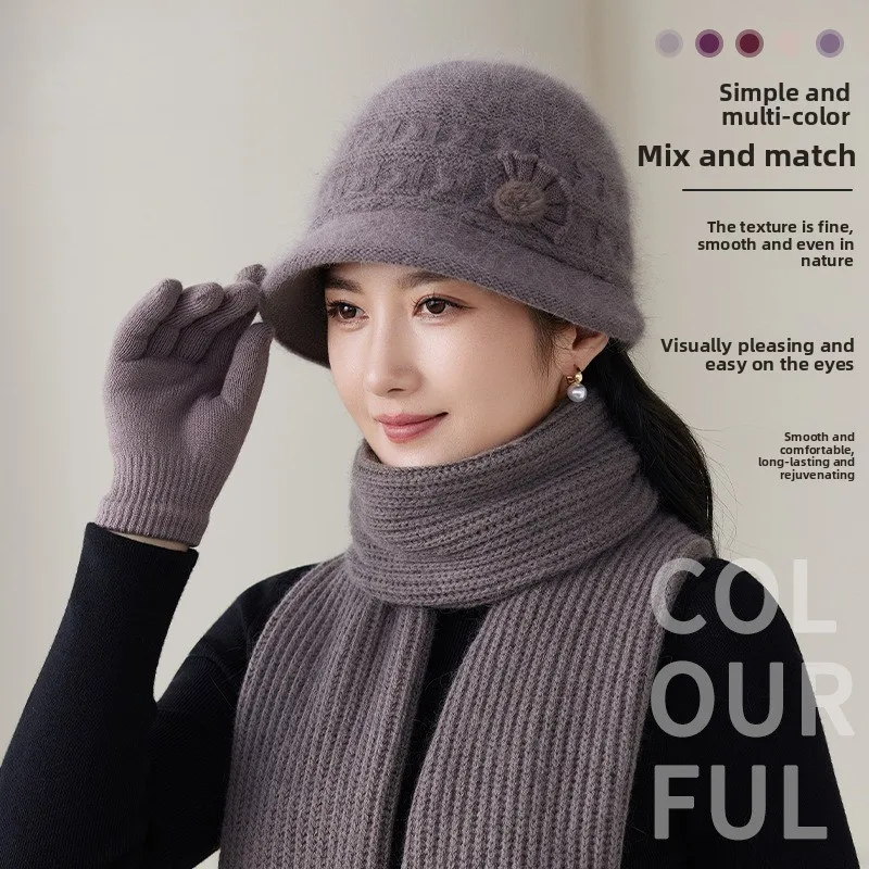 Hot Sale New Bucket Hat Scarf Warm Kit Fashion Women Autumn and Winter Rabbit Hair Blend Versatile Warm Knitted Wool Hat