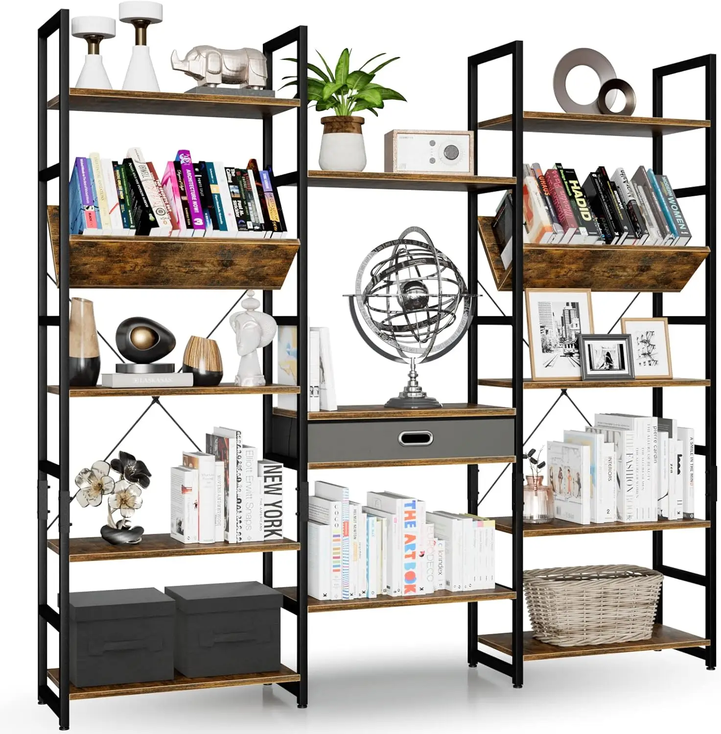 NUMENN Triple Wide 5 Tier Bookshelf, Adjustable Rustic Industrial Style Book Shelves, Modern Bookcases and Bookshelves Furniture