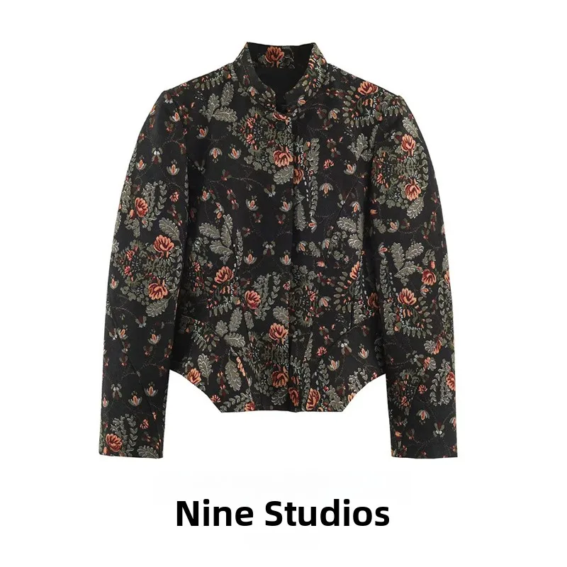 NINE ZAR Women's Embroidered Stand Collar Waist-Cinching Short Jacket Casual Long Sleeve Button Closure Floral Pattern Coat