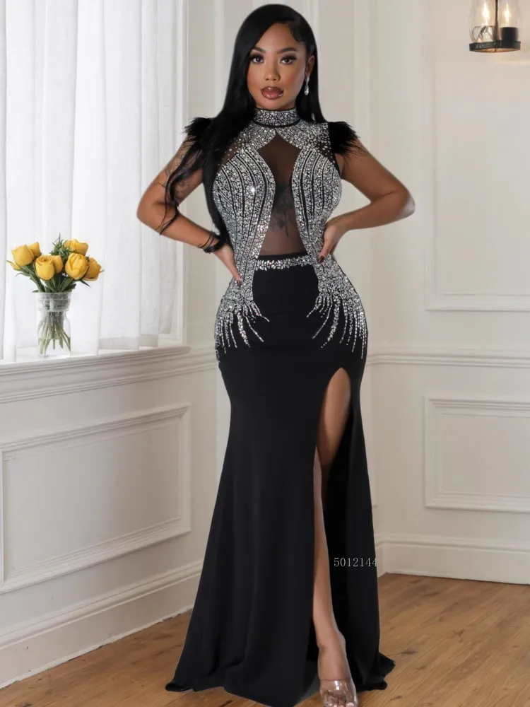 2026 Women Sleeveless Sexy Evening Long Mermaid Dress Rhinestone Mesh Patchwork Split Side Elegant Party Maxi Dress Black White