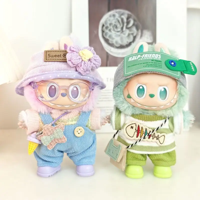 

For Labubu Clothes Purple-Green Calm Baby Clothes Decorated With Sweaters And Suspenders Suit Accessories Clothing Gift
