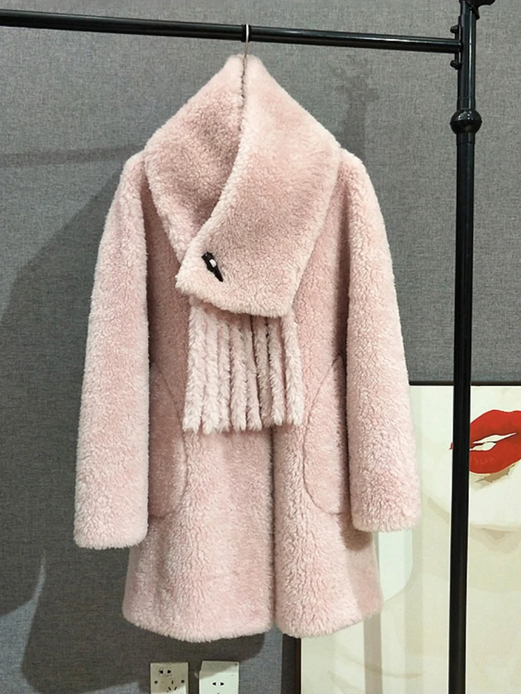 SHENGPALAE Scarf Collar Faux Fur Coats For Women Tassel Open Stitch Full Sleeve Solid Color Outwear Keep Warm Clothing 5G134