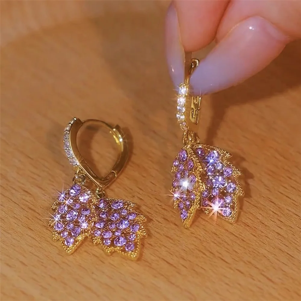 Vintage Female Purple Tree Leaf Zircon Stone Hoop Earrings Unique Gold Color Wedding Jewelry For Women