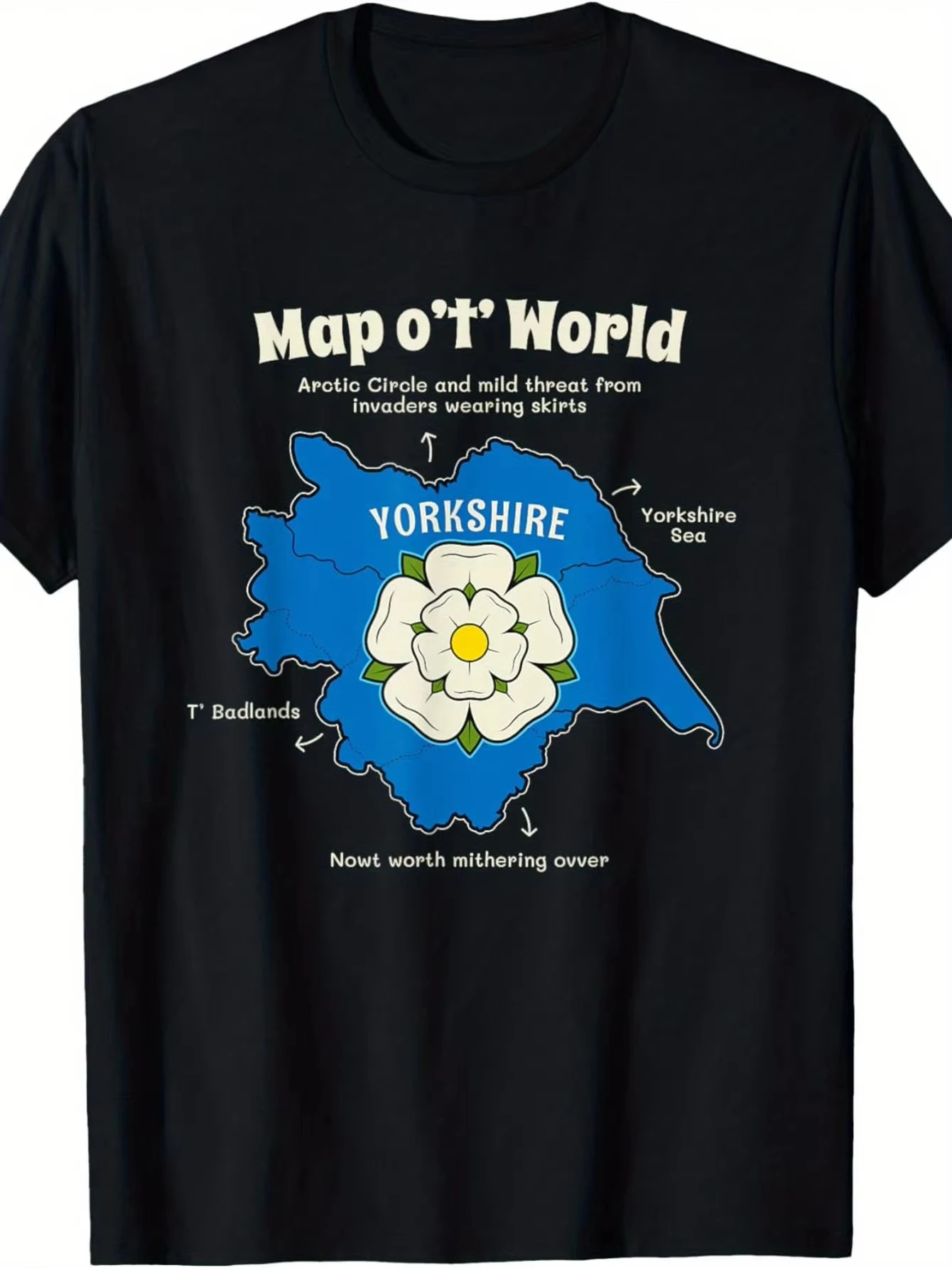 Featuring A Yorkshire-Themed World Map with Elements Like The Yorkshire Sea Dales and Coastline Men's and Women's T Shirt