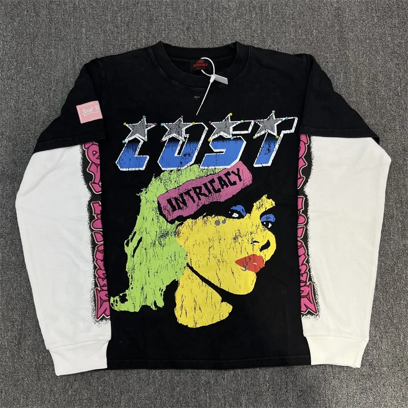 

Lost 100% Pure Cotton Washed Retro Printed Color Rhinestone Letter Round Neck Long Sleeved T-shirt