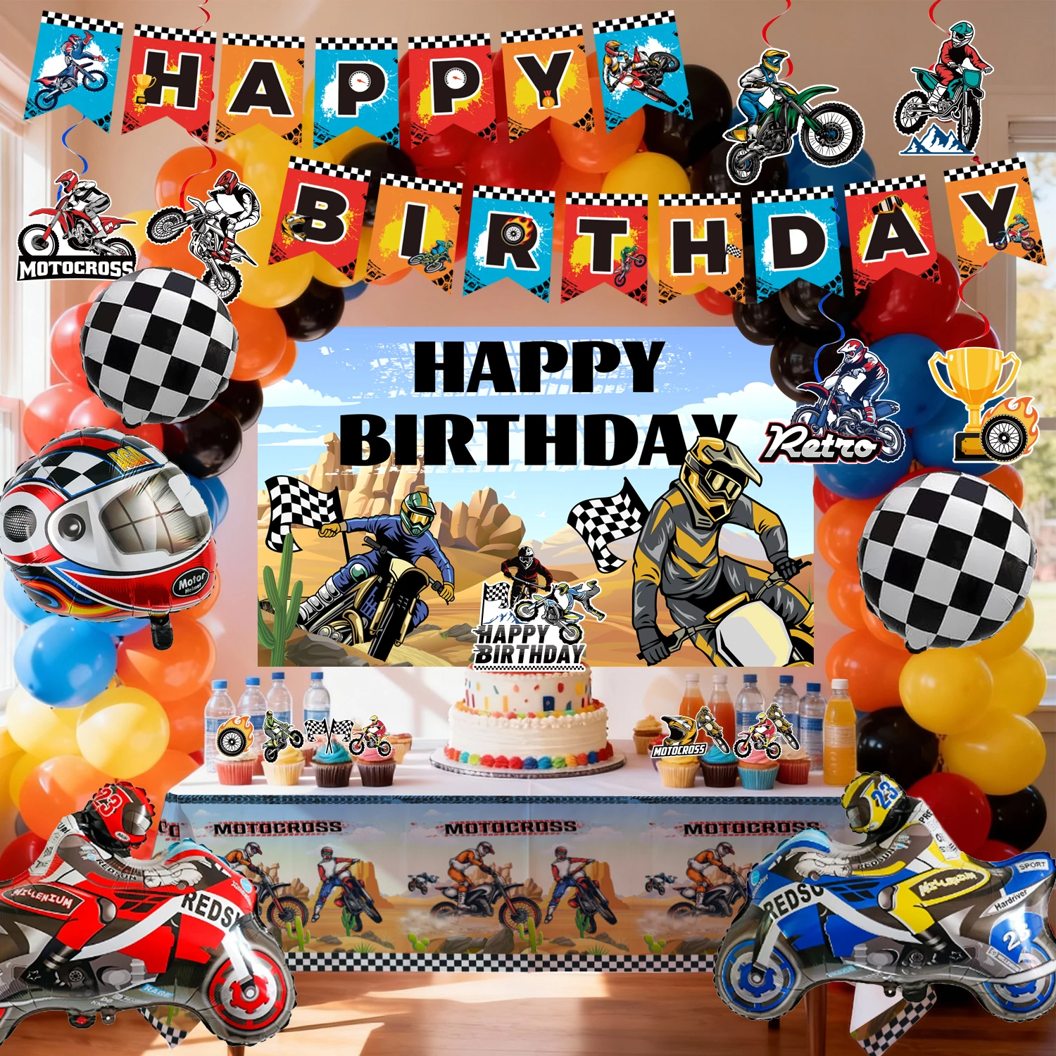 102 Pcs Motorcycle Birthday Decorations Set-Dirt Bike Party Banner Balloons Backdrop Cake Toppers Etc Motocross Party Supplies