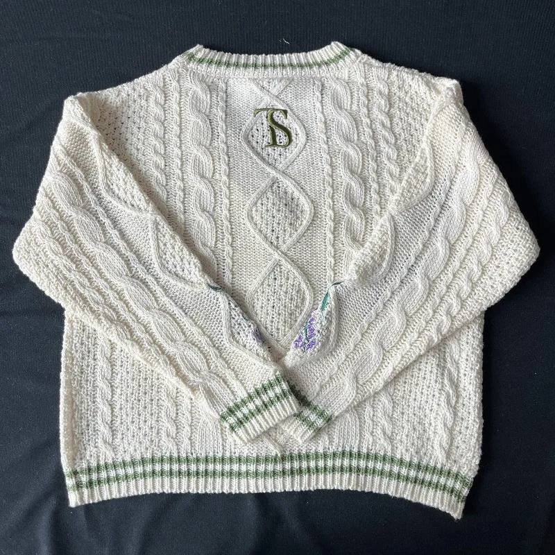 Women The Lakes Cardigan Wisteria Flower Embroidered Cable Knit Sweater Vintage Green Trim Knitted Cardigan Fall Winter Knitwear view 5