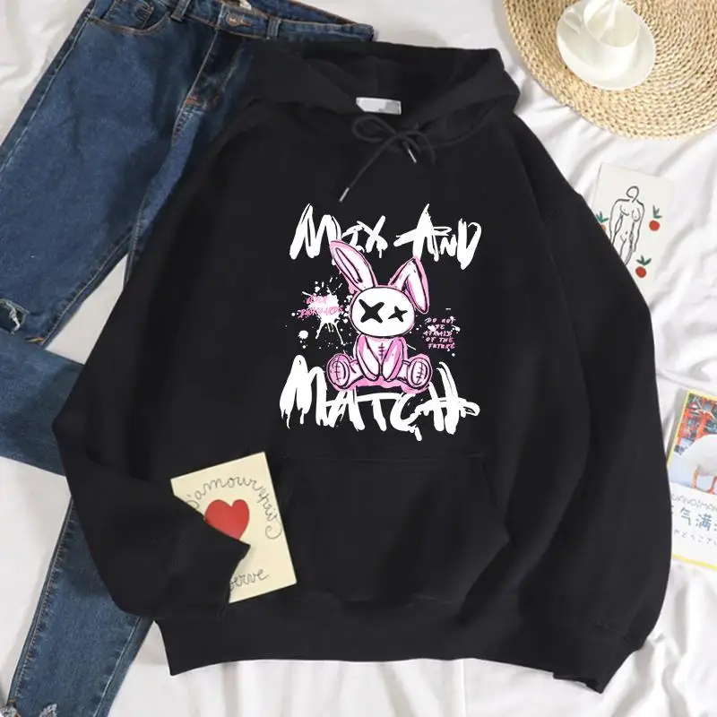 

Street Women'S Hoodies Cute Cartoon Graffiti Rabbit Letter Prints Sweatshirt Warm Fleece Comfortable Pullover Autumn Clothing