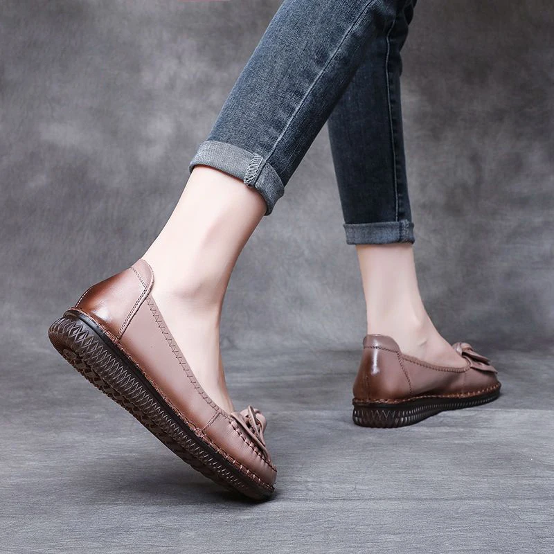 Fashion New Spring Women Loafers Ladies Genuine Leather Soft Moccasin Woman Retro Butterfly-know Flower Summer Ballet Flats