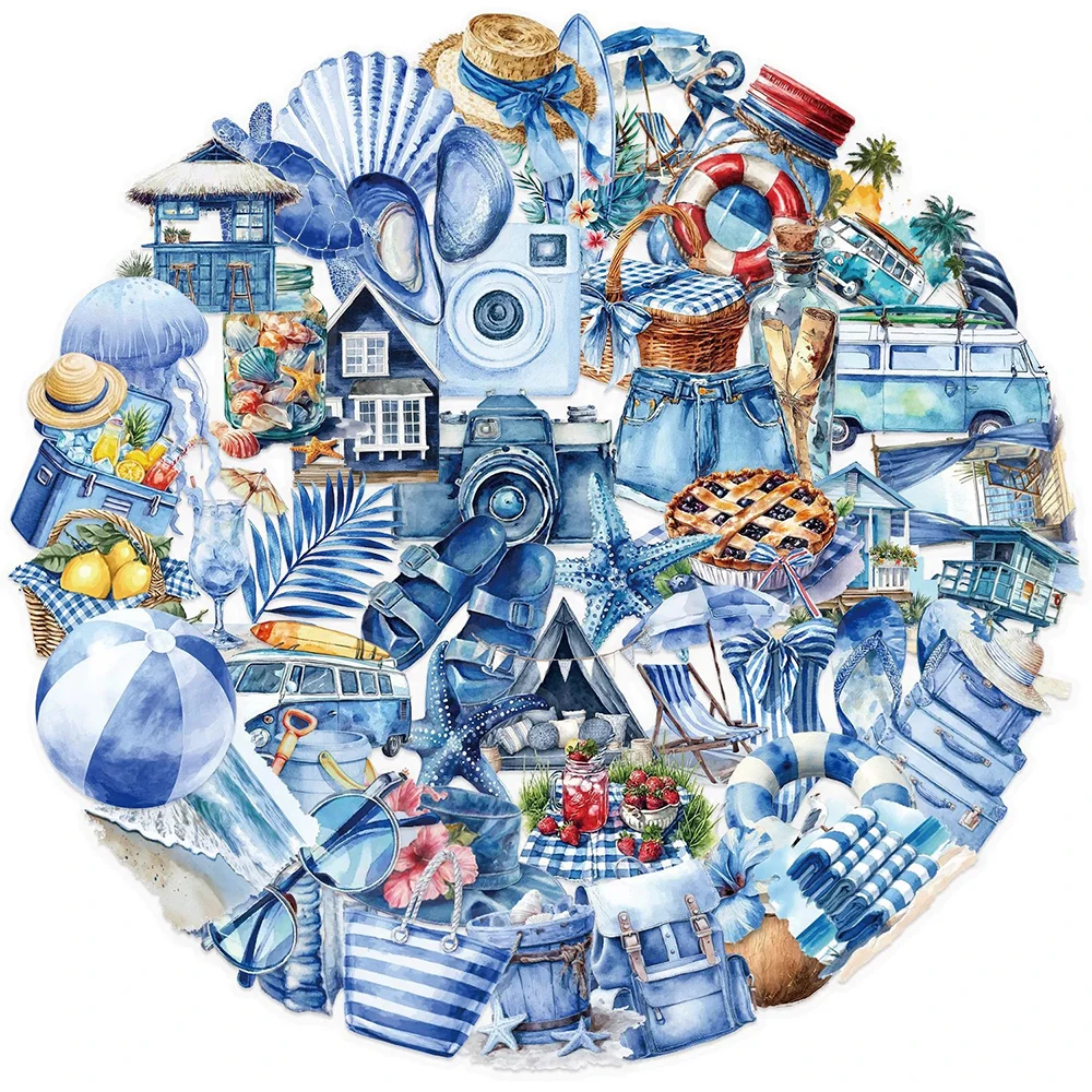 10/30/50 قطعة ملصقات كرتونية صيفية زرقاء بأسلوب INS، ملصقات جرافيتي شفافة لطيفة وجمالية للهاتف والخوذة ولوح التزلج