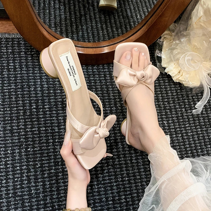 المرأة Bowknot عالية الكعب النعال ساحة المفتوحة تو الانزلاق على الصنادل تنفس عادية عدم الانزلاق بلون الشرائح النساء النعال #3