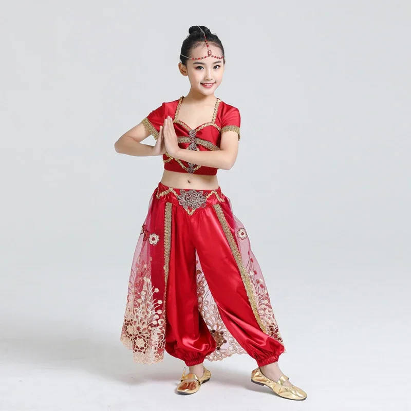 Sari Dancewear Kids Indian Outfits Bollywood Clothing Children Belly Dance Costume Set 3pcs (Top Pants Headdress)