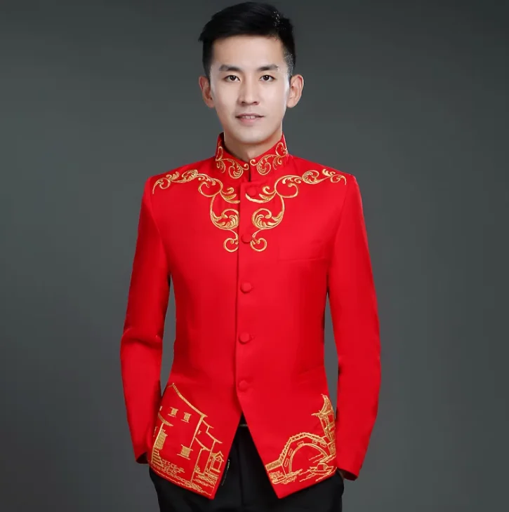 

Men Red Jacket Tang Coat Chinese Wedding Vintage Embroidery Zhongshan Blazer Spring
