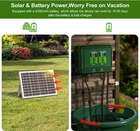 Dispositivos de rega automática solar para plantas, sistema de irrigação para plantas no varanda, cama de plantas e casa verde