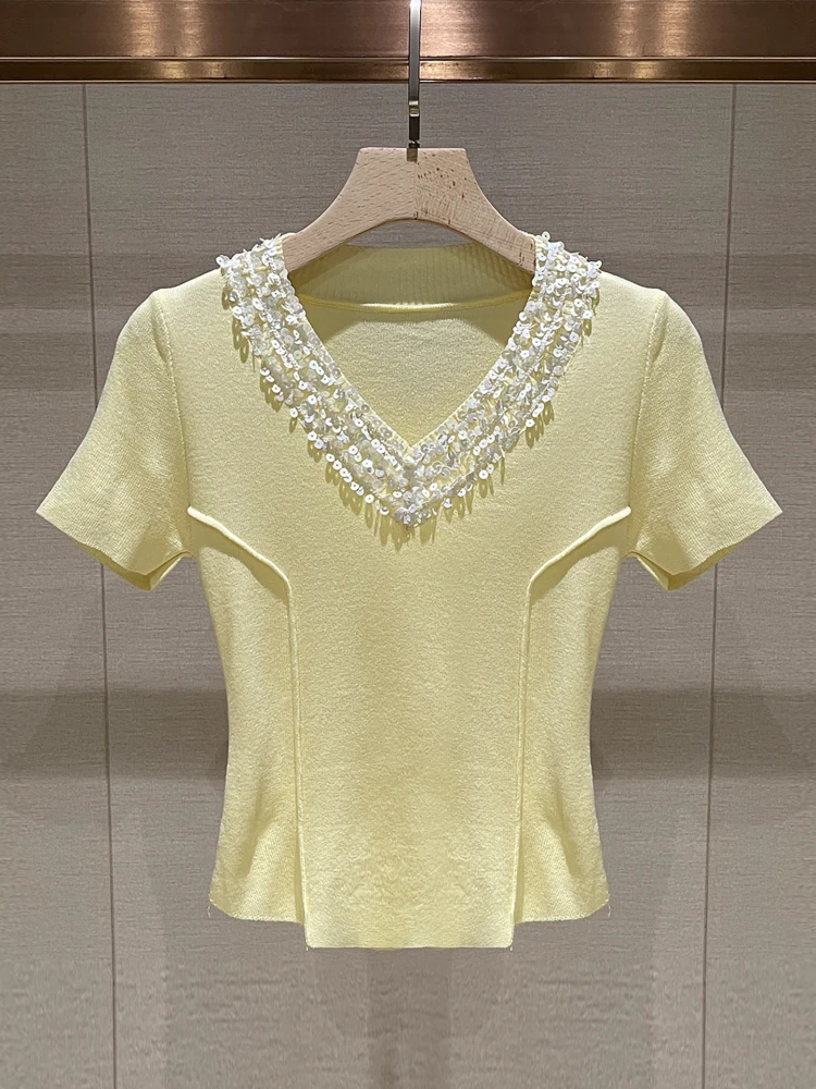 

Женская летняя футболка JOOva Slim Fit с V-образным вырезом, трикотажная, с блестками, с изысканной отделкой, омолаживающая, для повседневной носки