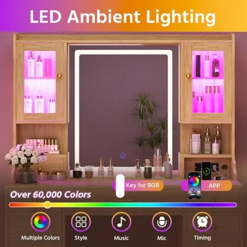Makeup Vanity Desk with Mirror and Lights, Large Vanity Table Set with Charging Station, Dressing Table with RGB
