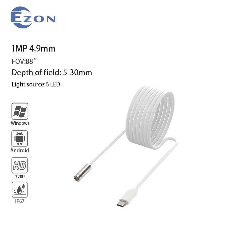 

Industrial endoscope camera, 4.9mm 88° 720P Type-C interface, with 6 LEDs, suitable for OTG Android phones and computers.