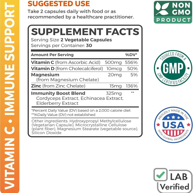 Suplemento de apoyo inmunológico saúco vitamina C D y zinc magnesio, equinácea, cordyceps sinensis 60 cápsulas vegetarianas